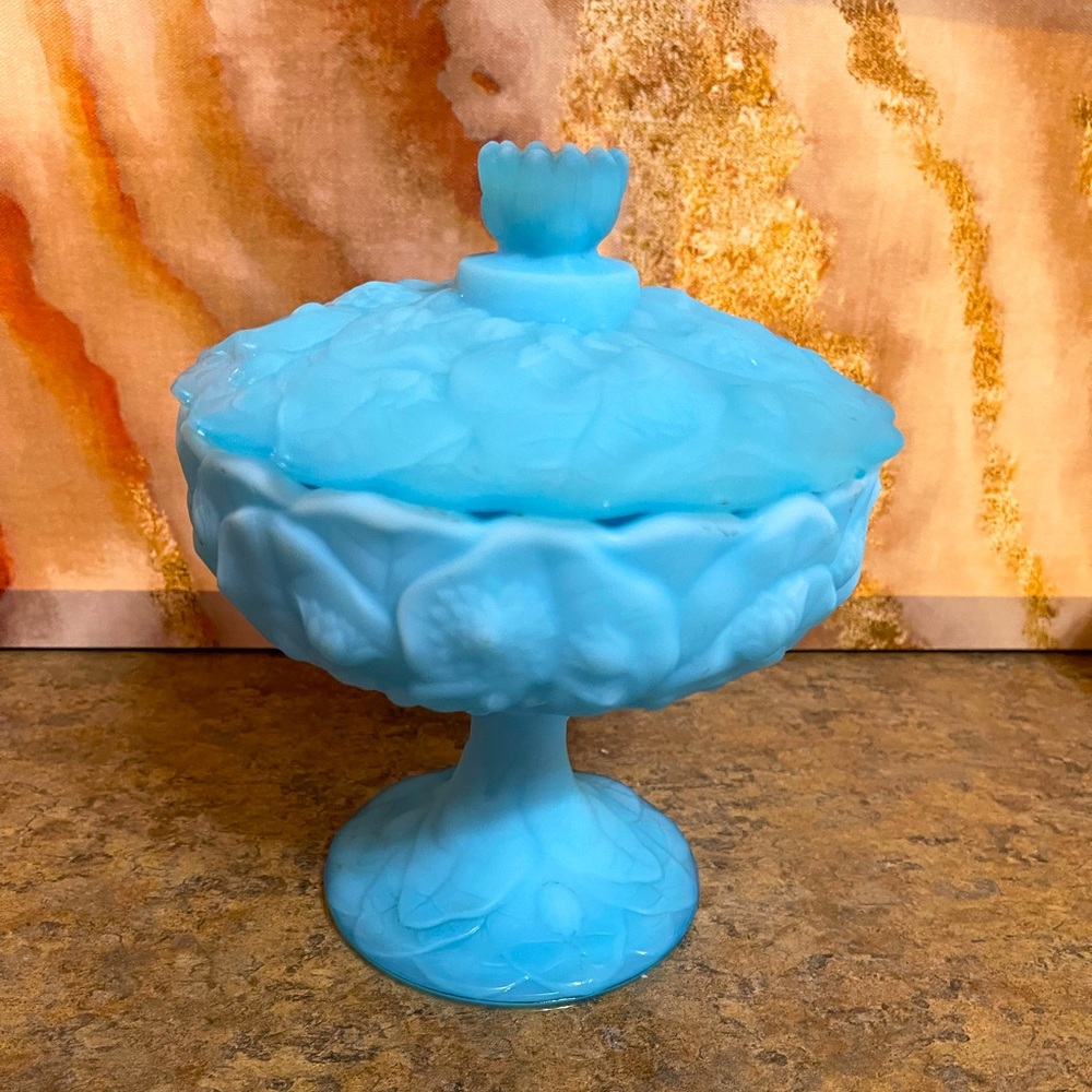 Fenton Water Lily Milk Glass, Blue Satin Custard Pedestal Candy Dish